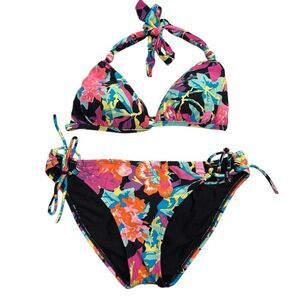 Roxy Floral Print Halter Triangle Tie Side Bikini Set 2 Piece Multicolor Small